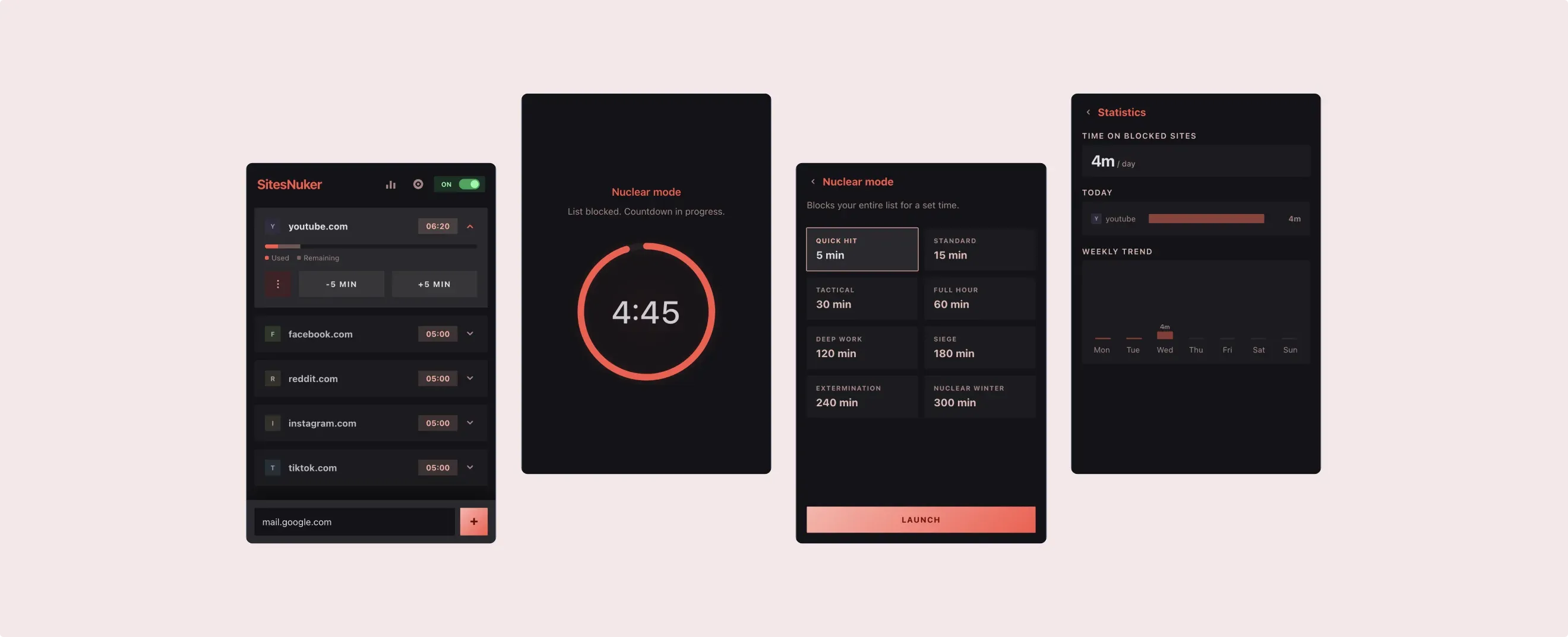 SitesNuker — overview of the extension popup