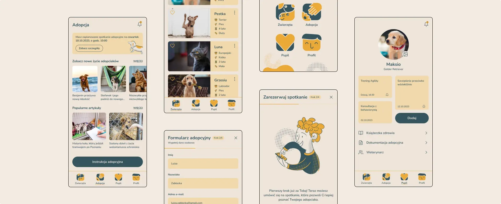 Adopciak — app screens overview