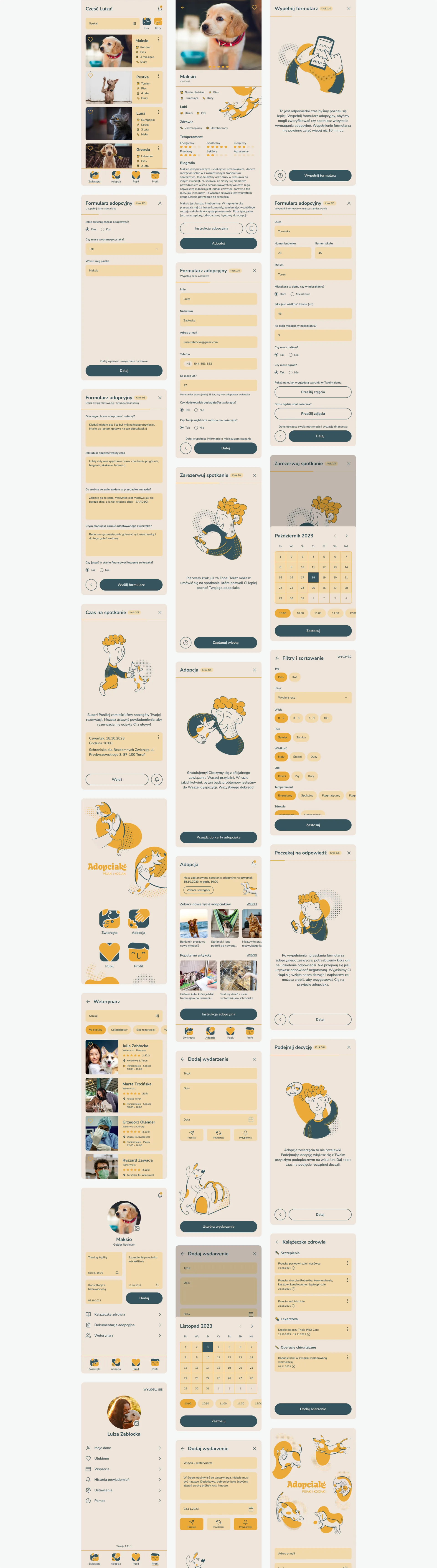 Adopciak — pełna galeria ekranów aplikacji