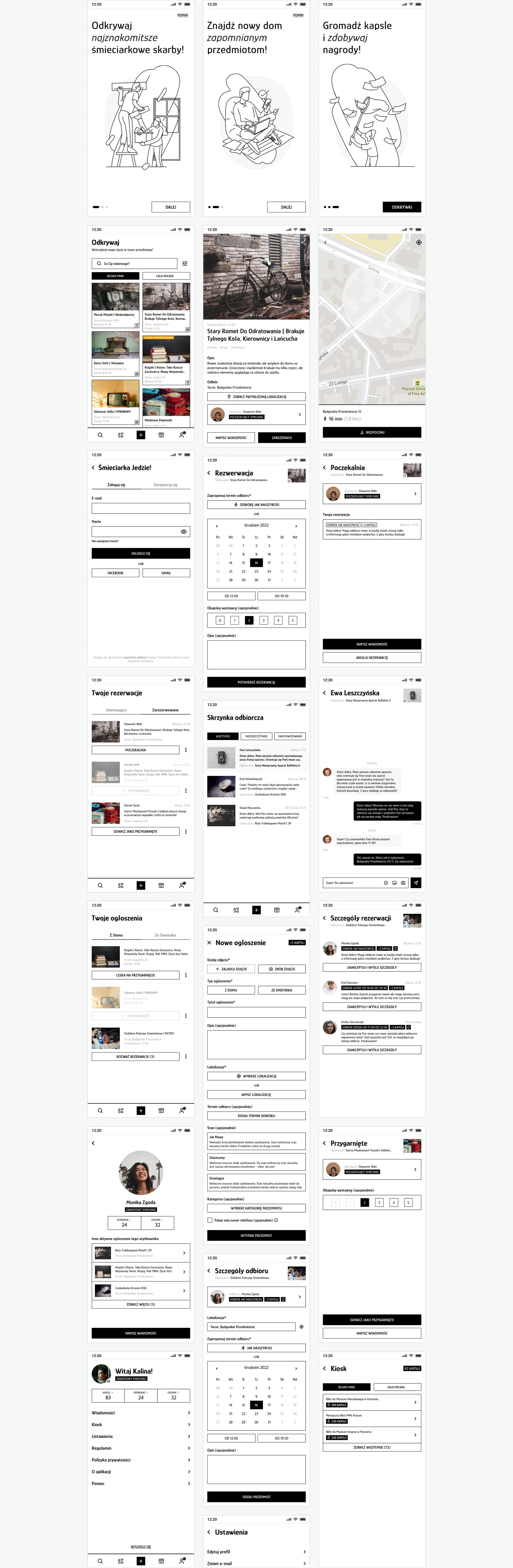 Śmieciarka — finalne ekrany aplikacji