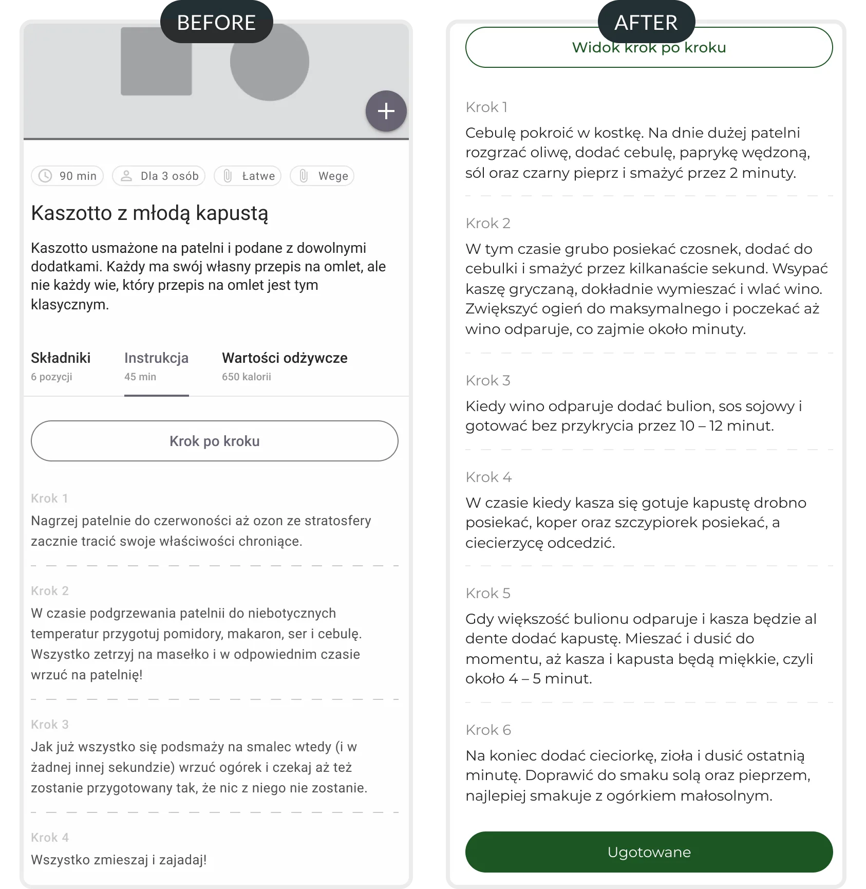 Finishing cooking — before and after